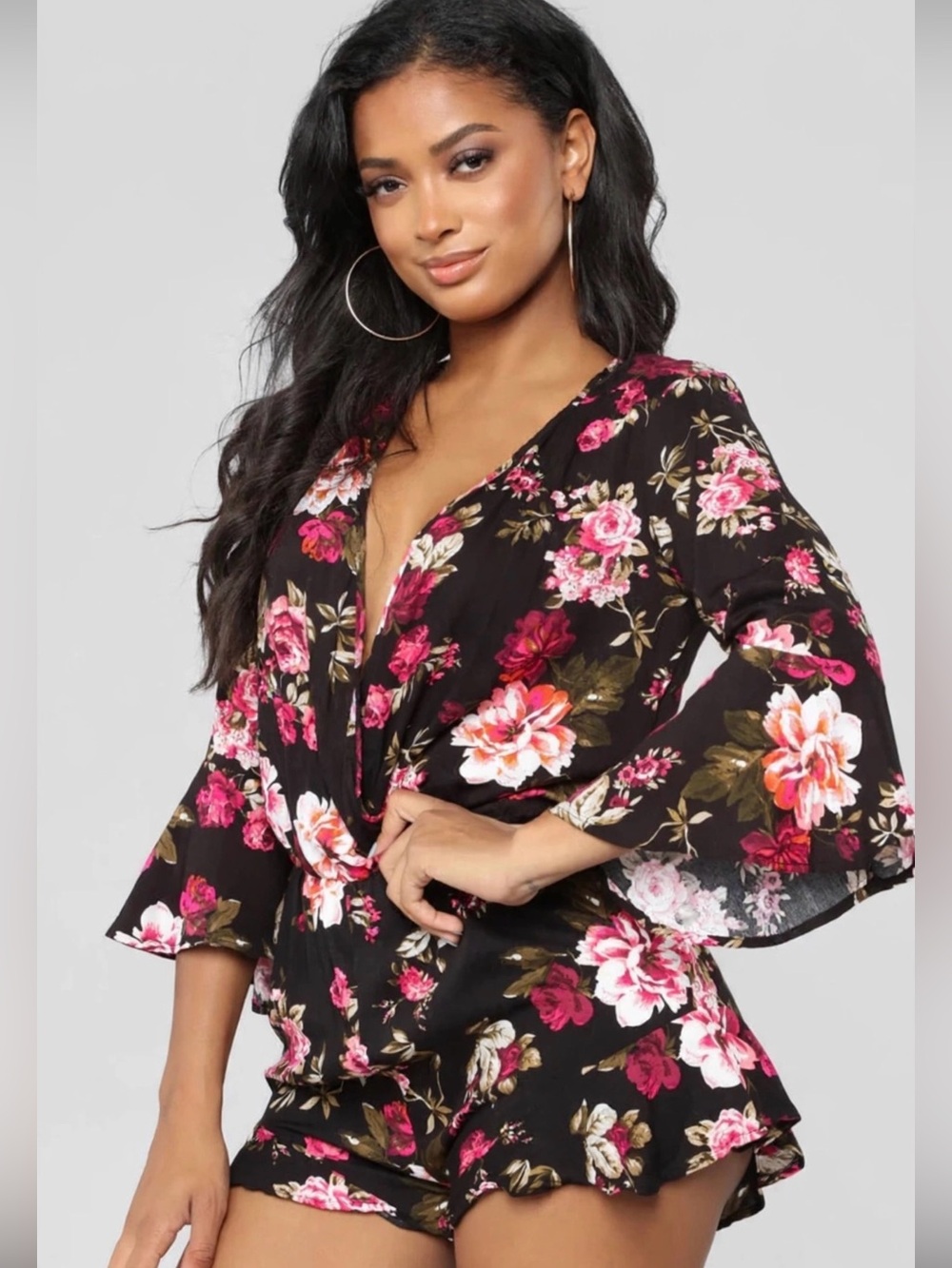 Fashion Nova Black Floral Romper with Pink Roses